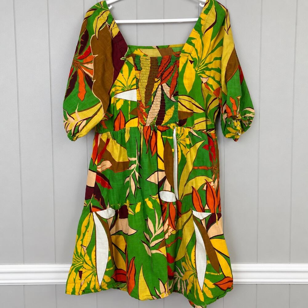 Mlle Gabrielle 2X Tropical Colorful Dress Puff Sleeve Smocked back